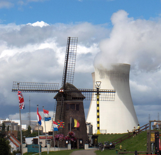 This is a windmill and a nuclear power plant cooling tower.