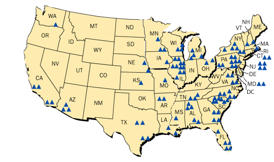 Image of locations of nuclear power plants in the US